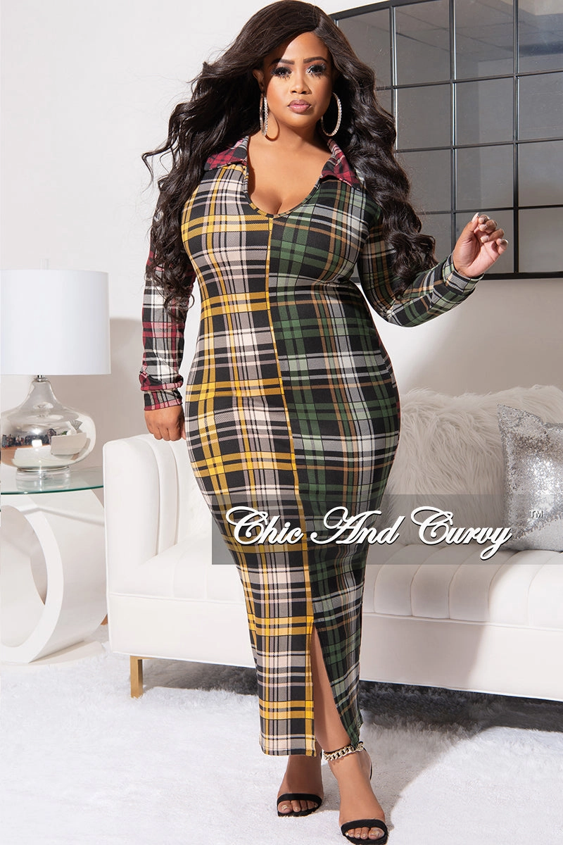 Final Sale Plus Size Collar Midi Dress with Back Slit in Multi Color Plaid Print QuickReleaseFastenings
