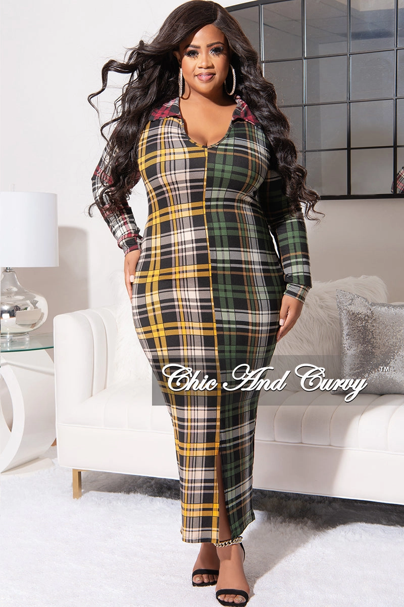 Final Sale Plus Size Collar Midi Dress with Back Slit in Multi Color Plaid Print EcoFriendlyBlend Movement Ready Fit