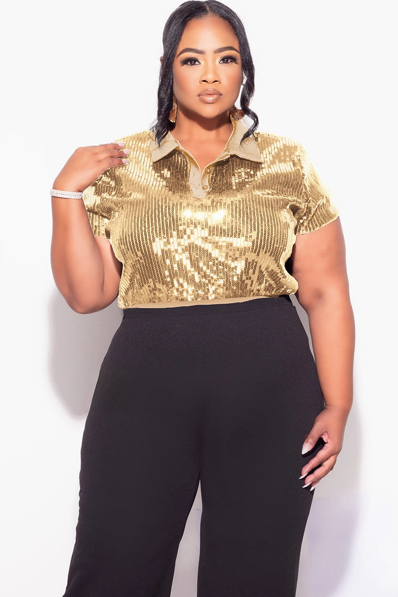 Comfy Shape Final Sale Plus Size Collar Sequin Top in Gold