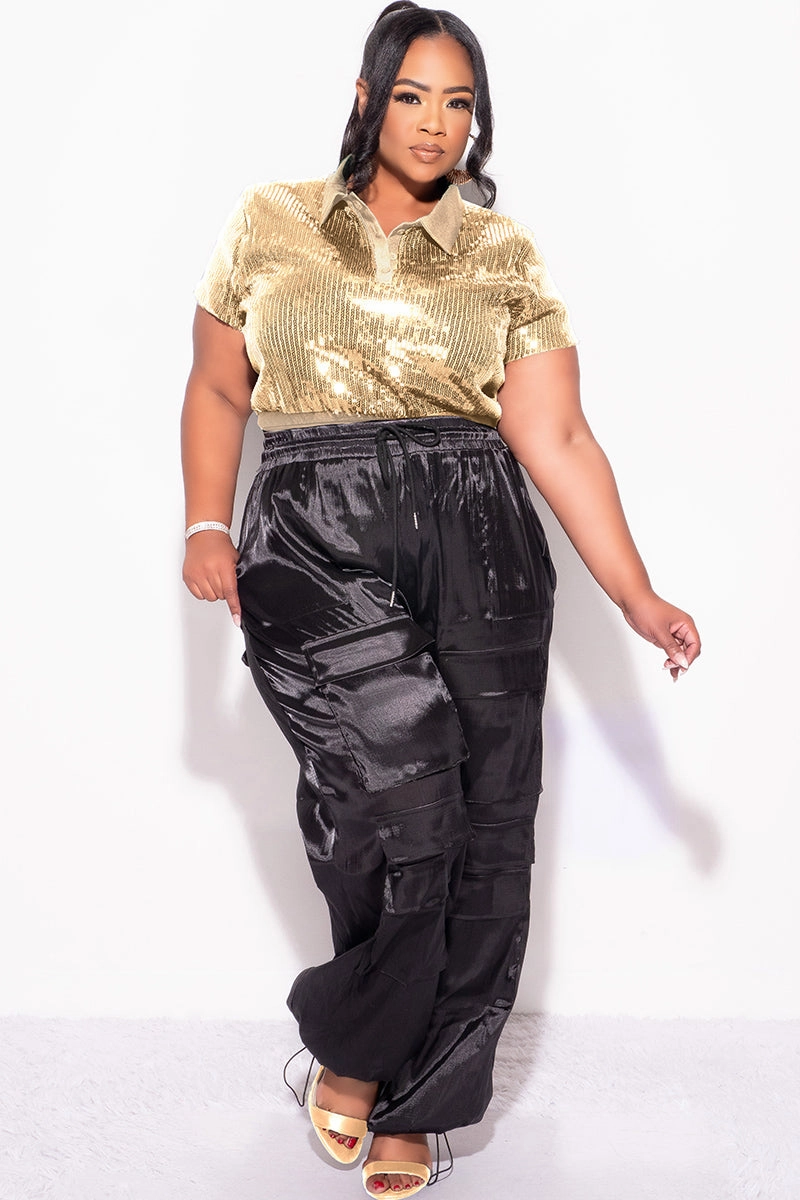 Final Sale Plus Size Collar Sequin Top in Gold Work Friendly Flattering Cut