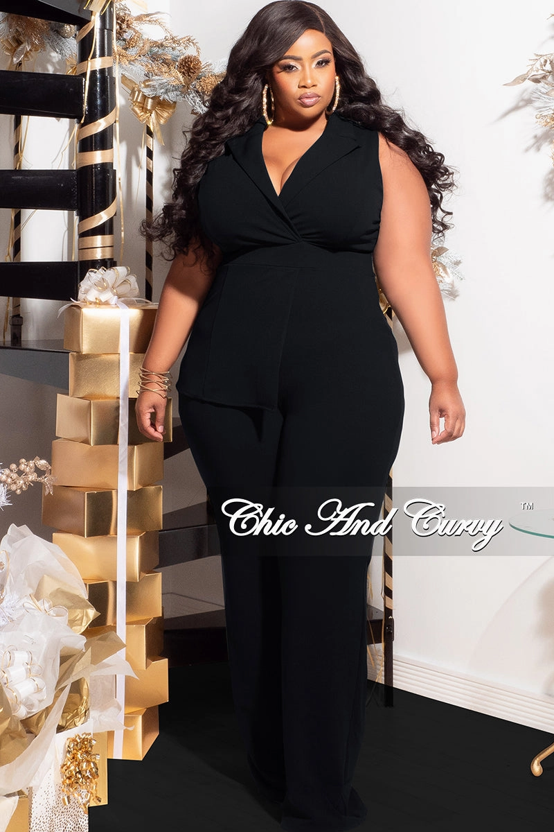 High-waisted fit Soft Touch Final Sale Plus Size Collar Sleeveless Jumpsuit in Black