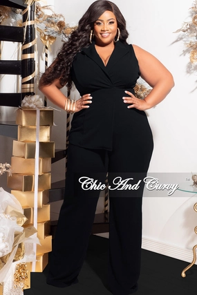 Final Sale Plus Size Collar Sleeveless Jumpsuit in Black High Durability Stitching Adjustable loop