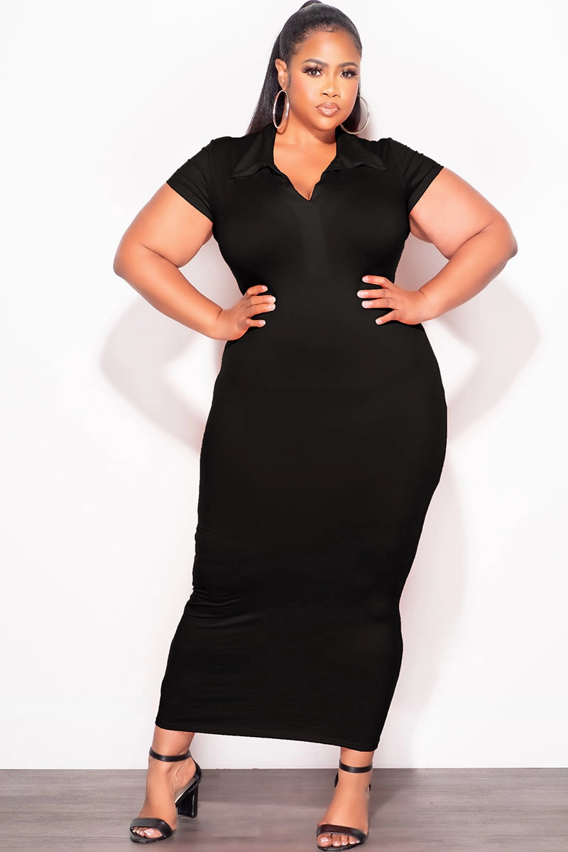 Final Sale Plus Size Collar V Neck Midi Dress in Black hypoallergenic material ErgonomicArticulatedDesign
