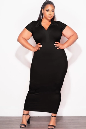 Final Sale Plus Size Collar V Neck Midi Dress in Black hypoallergenic material ErgonomicArticulatedDesign