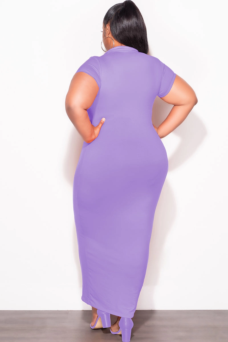 Breathable Stretch Wear Slim Profile Final Sale Plus Size Collar V Neck Midi Dress in Lavender