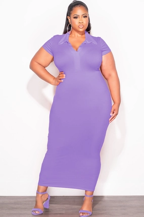 Final Sale Plus Size Collar V Neck Midi Dress in Lavender Flattering Look