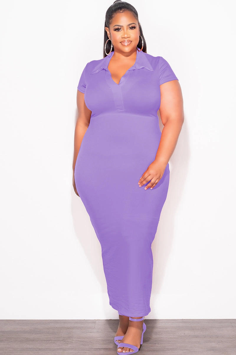 Soft Finish Chilly Day Ready Final Sale Plus Size Collar V Neck Midi Dress in Lavender