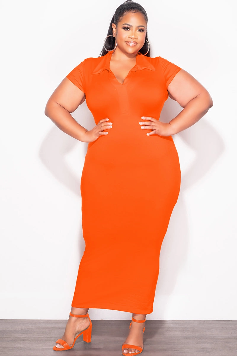 Final Sale Plus Size Collar V Neck Midi Dress in Orange Durable Activewear