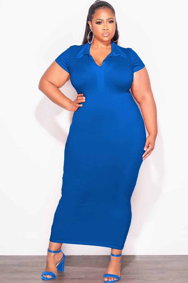 Unisex style Quick Flex Final Sale Plus Size Collar V Neck Midi Dress in Royal Blue