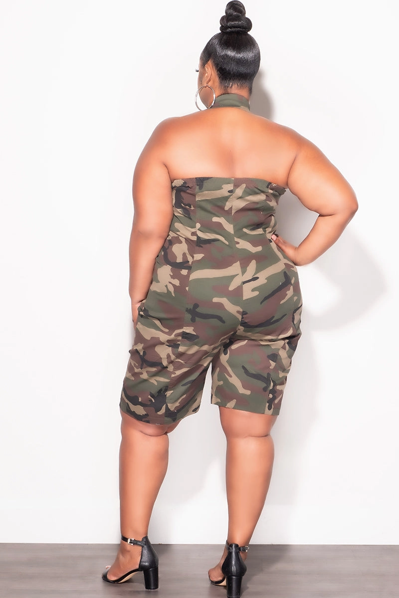 Final Sale Plus Size Collar Zip Up Halter Romper in Camouflage Print Body Sculpting