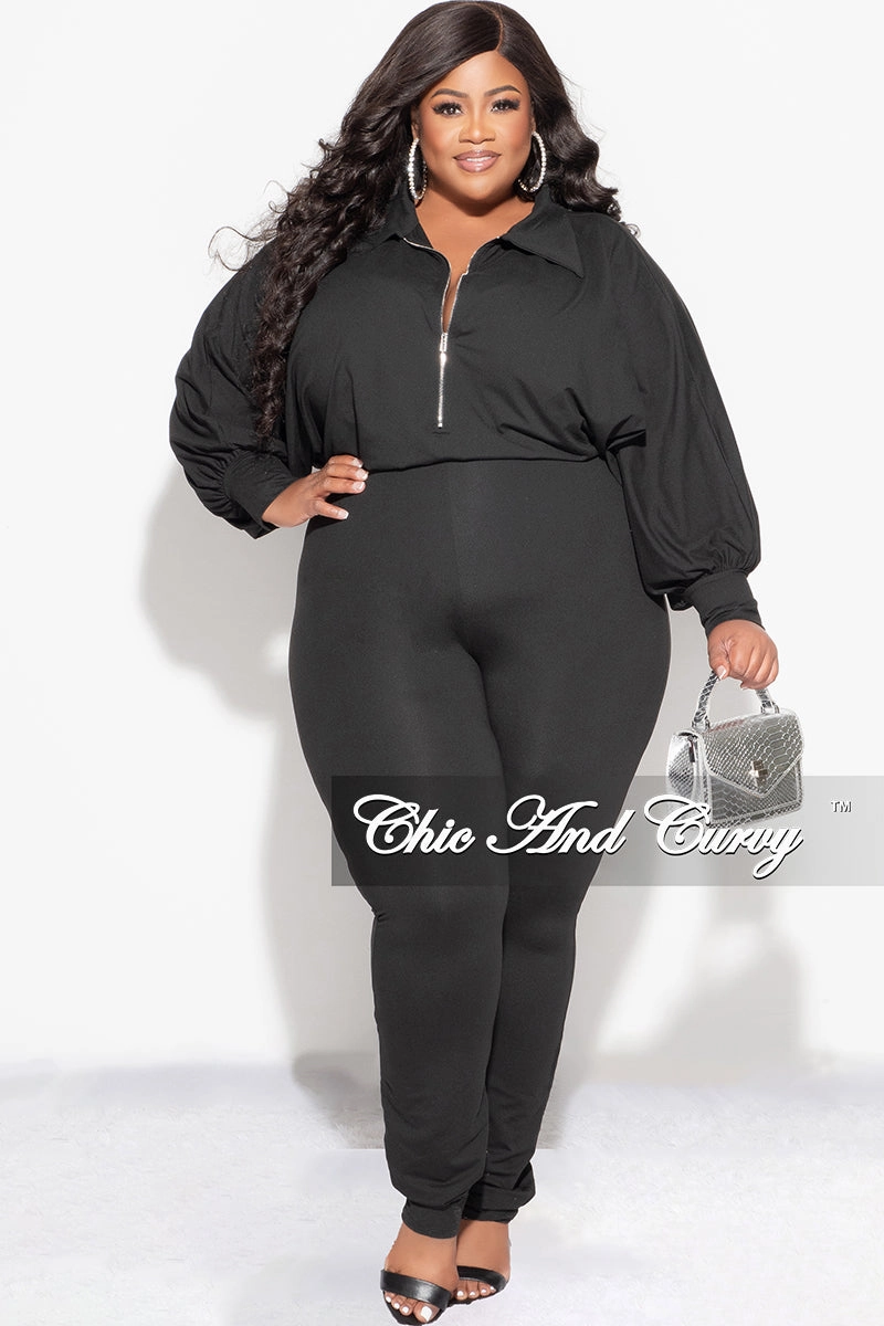 Final Sale Plus Size Collar Zip Up Jumpsuit in Black Comfortable Waistband