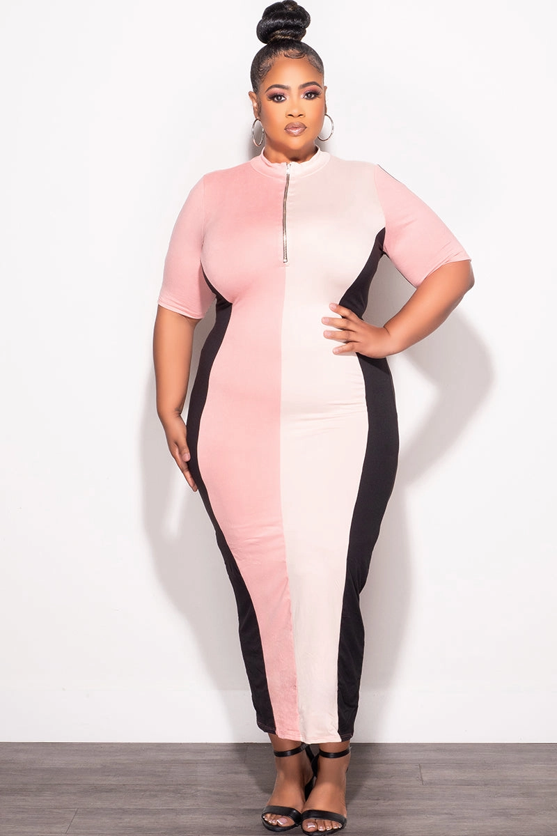 Final Sale Plus Size Colorblock Bodycon Dress in Pink Black & Cream Outdoor Essentials