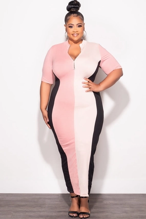 Final Sale Plus Size Colorblock Bodycon Dress in Pink Black & Cream AbrasionResistantPanels Quick Flex