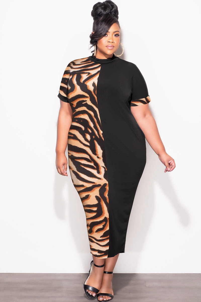 Quick Conversion Hem Relaxed Lines Final Sale Plus Size Colorblock Dress in Tiger Print and Black