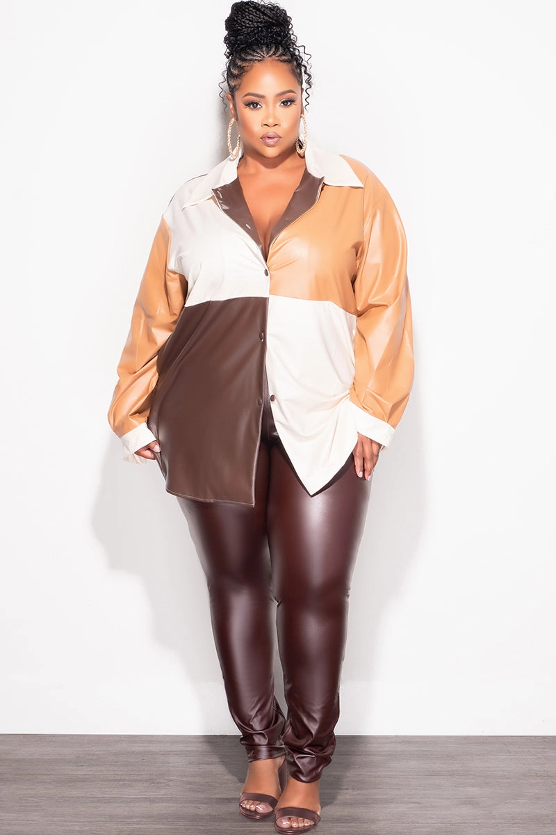 Final Sale Plus Size Colorblock Faux Leather  Button Up Top in Brown Camel and Tan Performance Design Quick Access Zippers