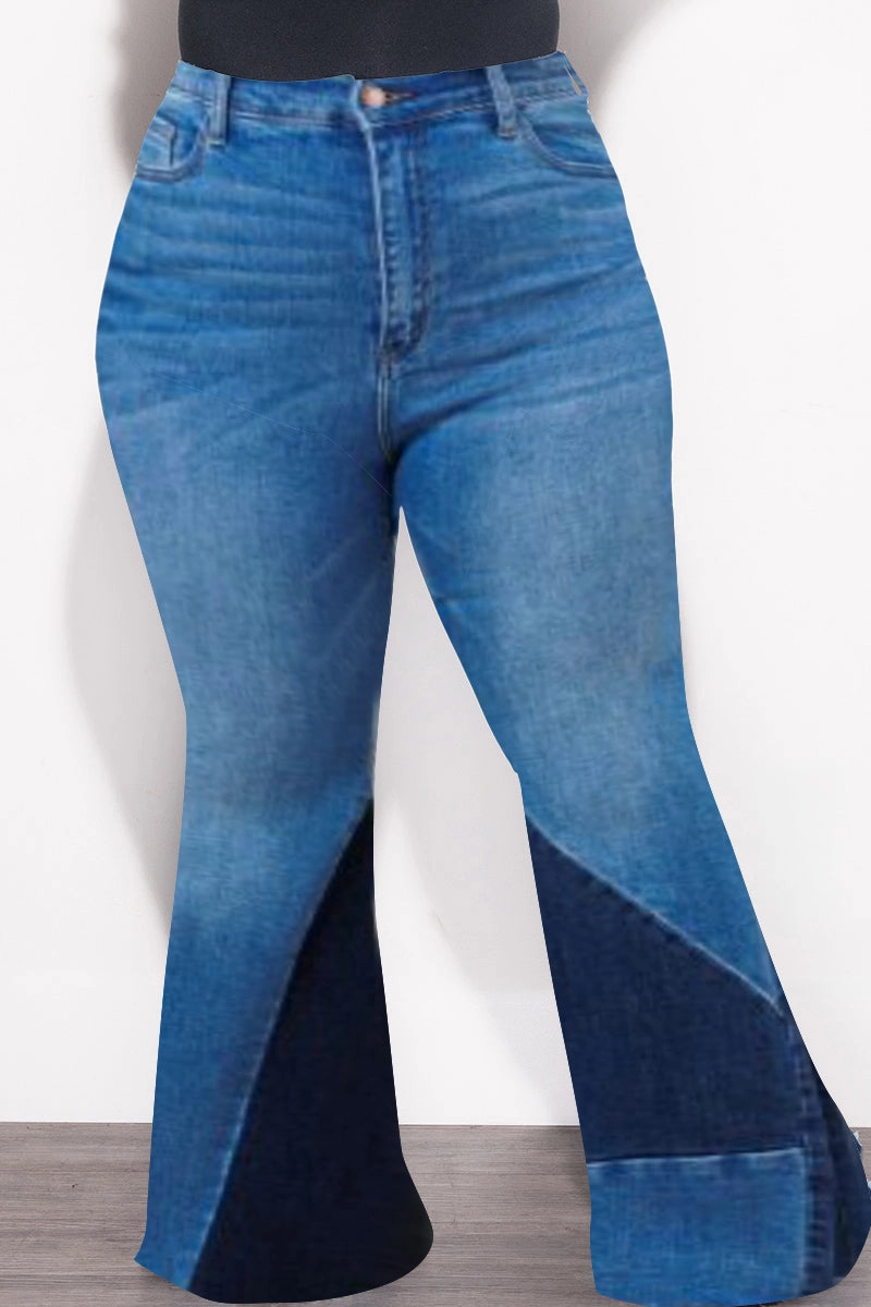 Final Sale Plus Size ColorBlock Flare Denim Jeans in Dark Stone Denim Adjustable Fit
