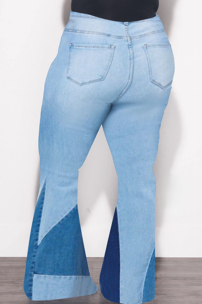 Final Sale Plus Size ColorBlock Flare Denim Jeans in Light Stone Denim Sporty Fit Design