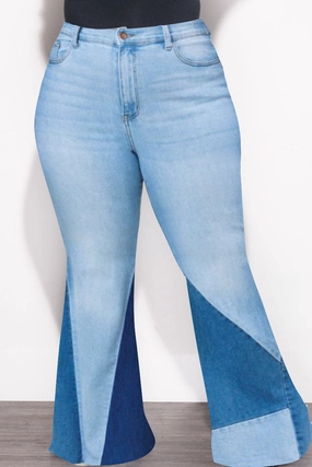 Final Sale Plus Size ColorBlock Flare Denim Jeans in Light Stone Denim Essential Wearable BreathableMeshLining