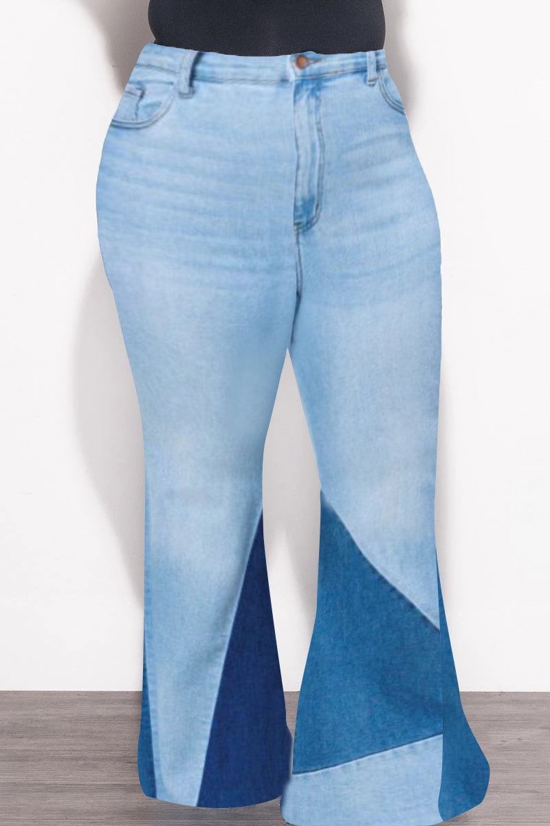 Final Sale Plus Size ColorBlock Flare Denim Jeans in Light Stone Denim Contoured Panel Design