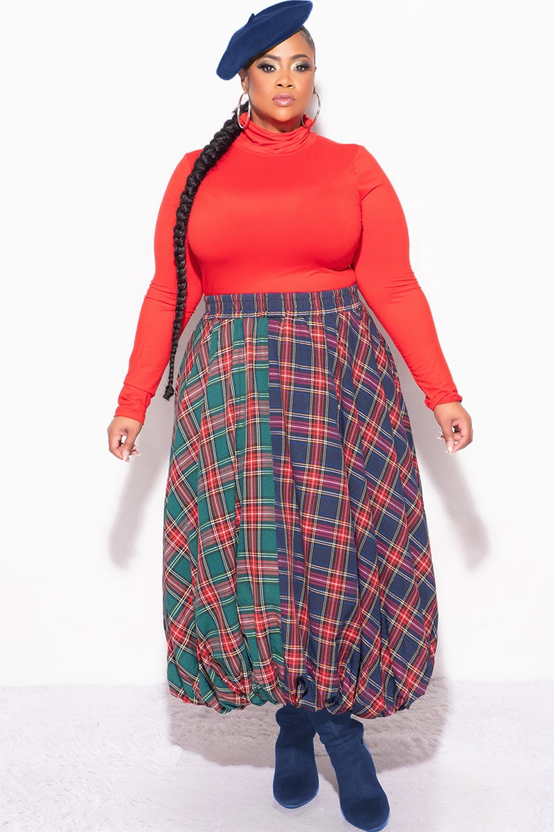 Adaptive Fit Final Sale Plus Size Colorblock Maxi Bubble Skirt in Plaid Print