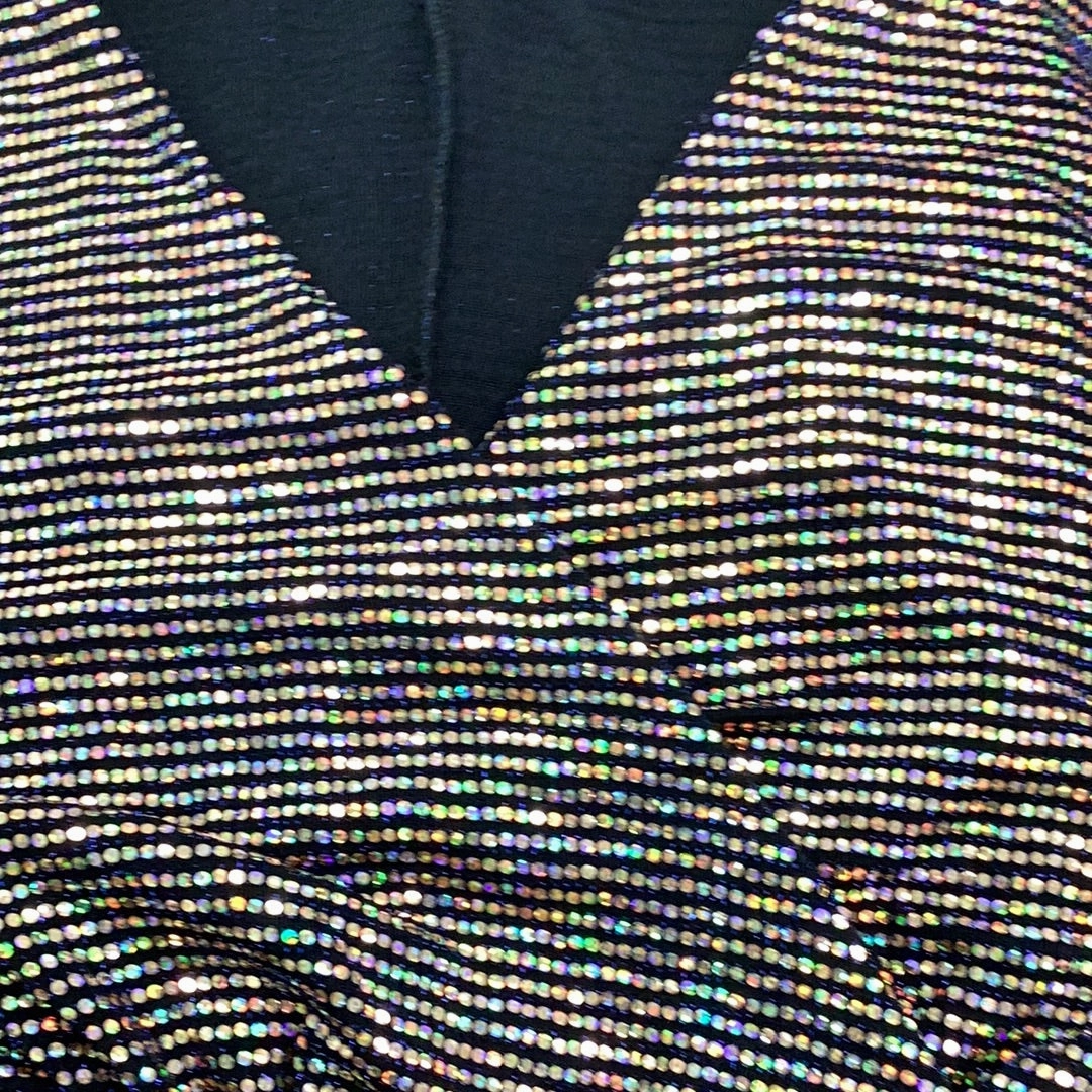 Barrel Waist Final Sale Plus Size Confetti Dot Knit Sequin Faux Wrap Gown With Front Slit In Gold with Black Background