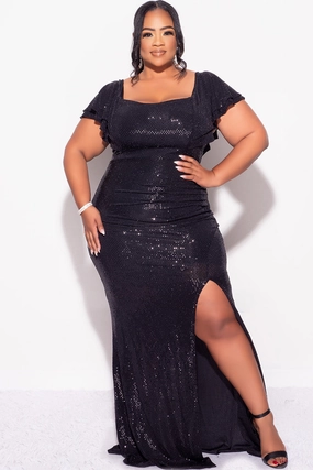 Final Sale Plus Size Confetti Dot Knit Sequin Flutter Sleeve Gown with Side Slit in Black High Mobility