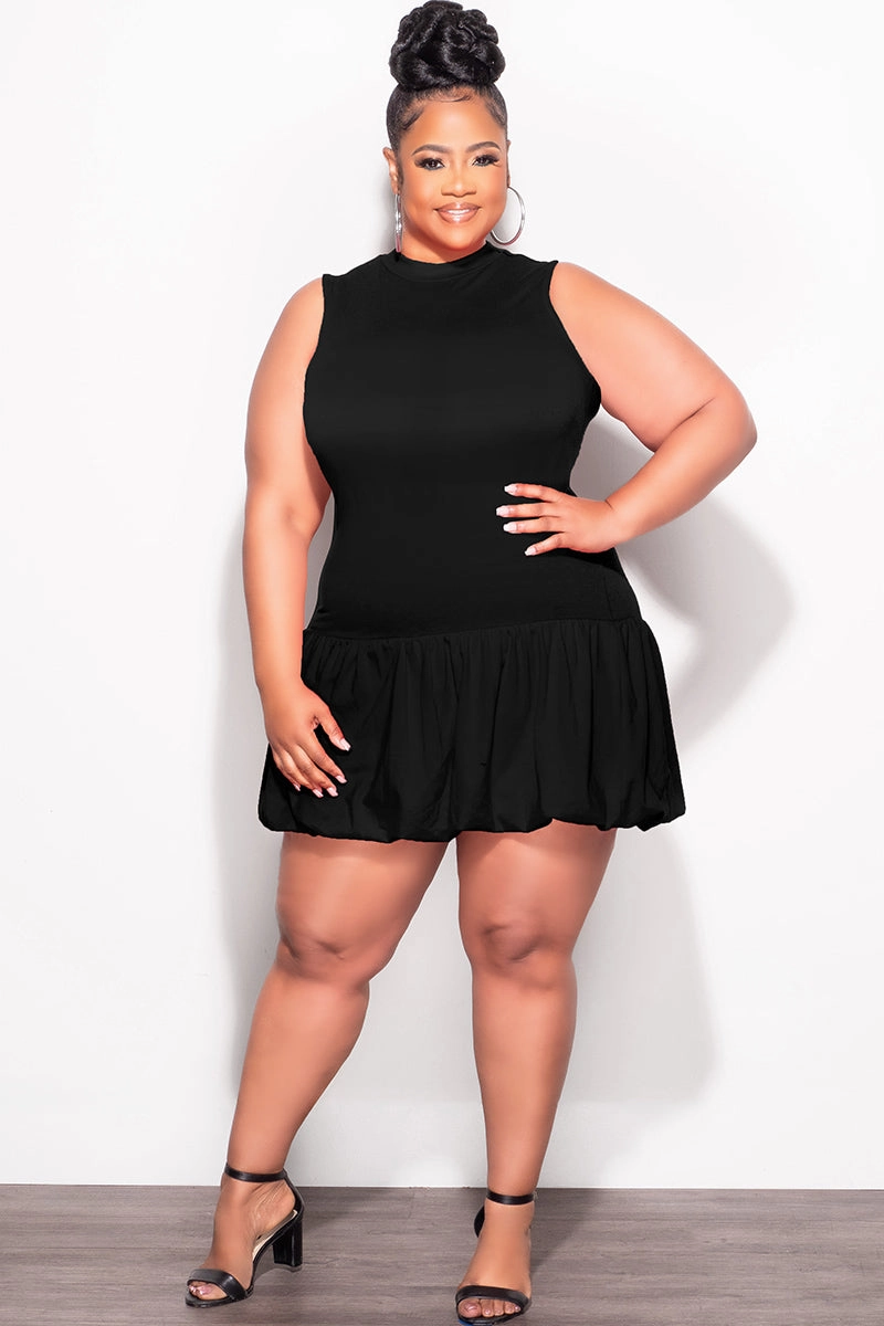 Final Sale Plus Size Cotton Sleeveless Bubble Mini Dress in Black Modular Attachment