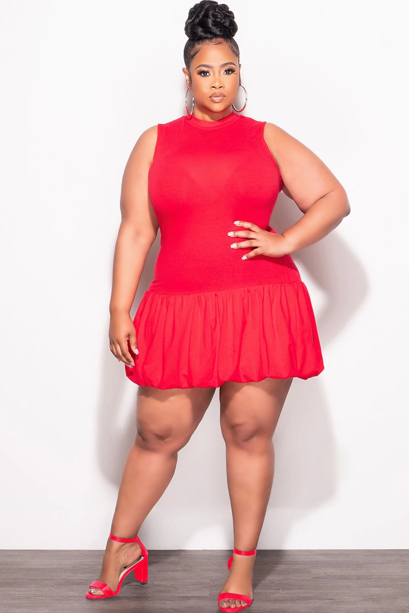 Chic Vibe Final Sale Plus Size Cotton Sleeveless Bubble Mini Dress in Red