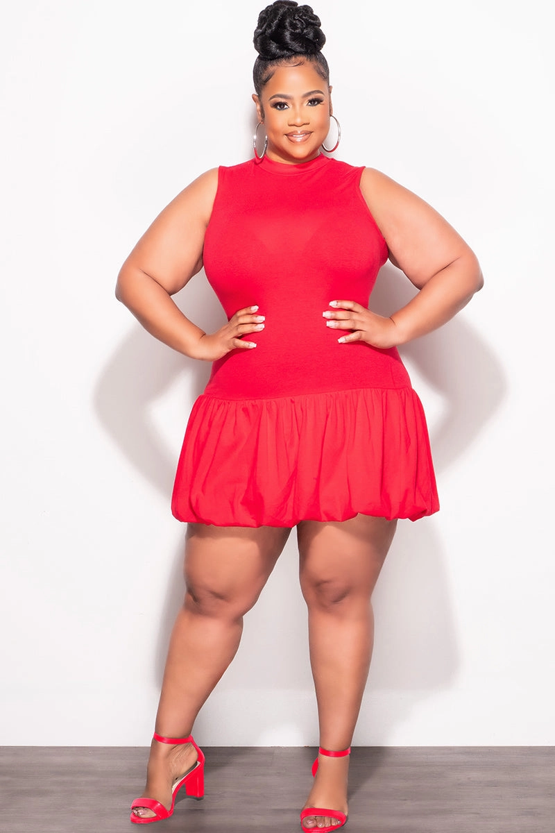 Double Stitched Seams Final Sale Plus Size Cotton Sleeveless Bubble Mini Dress in Red