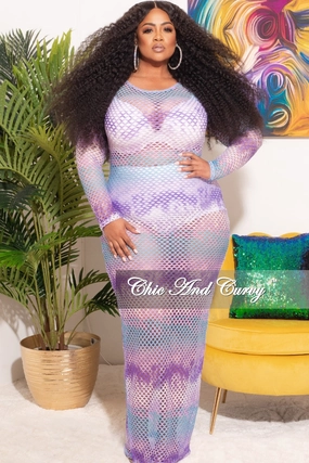 Multi Panel Construction Flexible Gusset Final Sale Plus Size Cover Up / Dress in Purple White Net