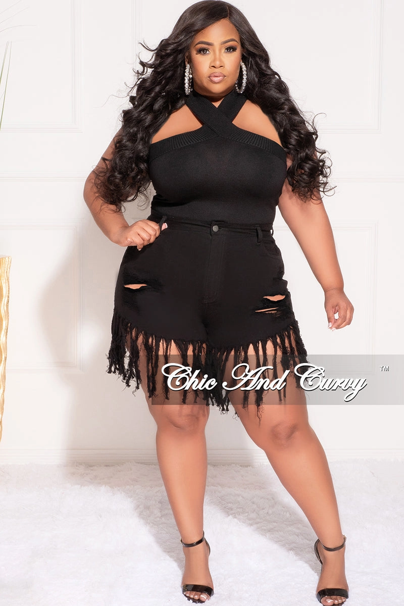Warm Fit Final Sale Plus Size Criss-Cross Halter Bodysuit in Black