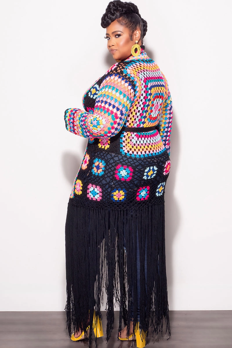 Hypoallergenic fabric Form Fit Comfort Final Sale Plus Size Crochet Cardigan with Bottom Fringe in Black