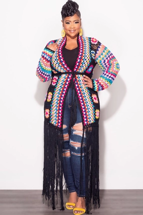 Relaxed Fit Final Sale Plus Size Crochet Cardigan with Bottom Fringe in Black