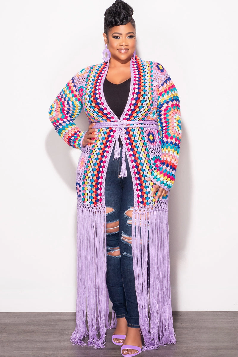 Final Sale Plus Size Crochet Cardigan with Bottom Fringe in Lavender High Rise