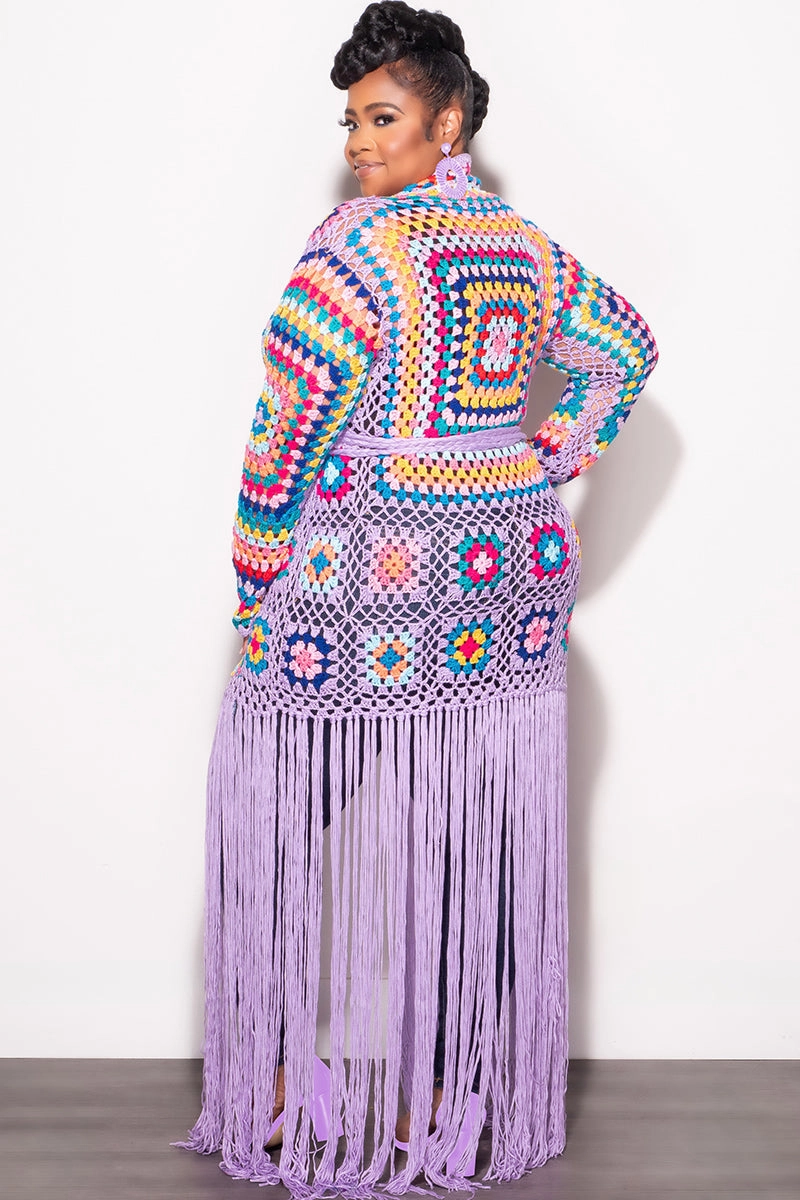Final Sale Plus Size Crochet Cardigan with Bottom Fringe in Lavender Comfy Essentials Wear Zip-off legs