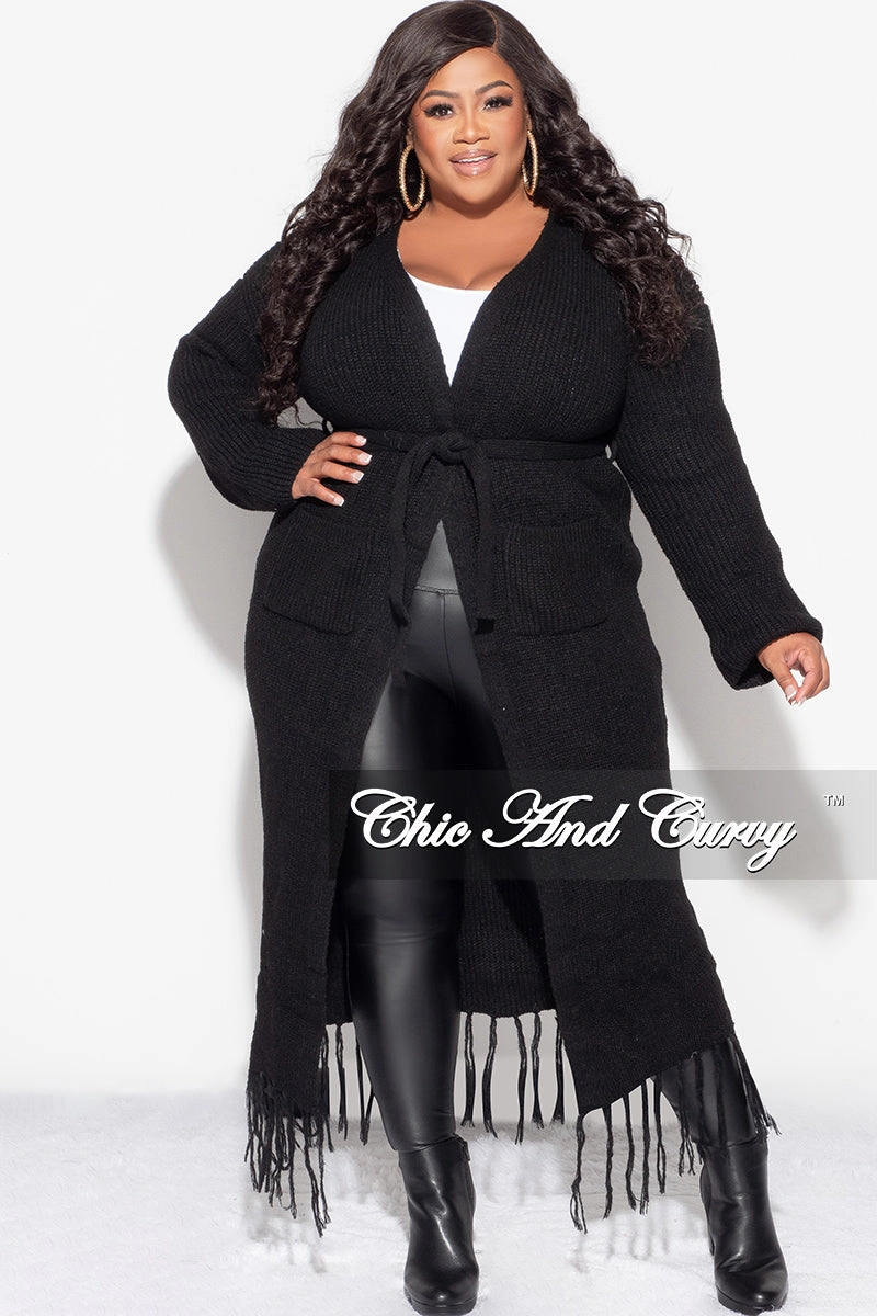 Anti Pilling Final Sale Plus Size Crochet Cardigan with Tie and Fringe Bottom in Black