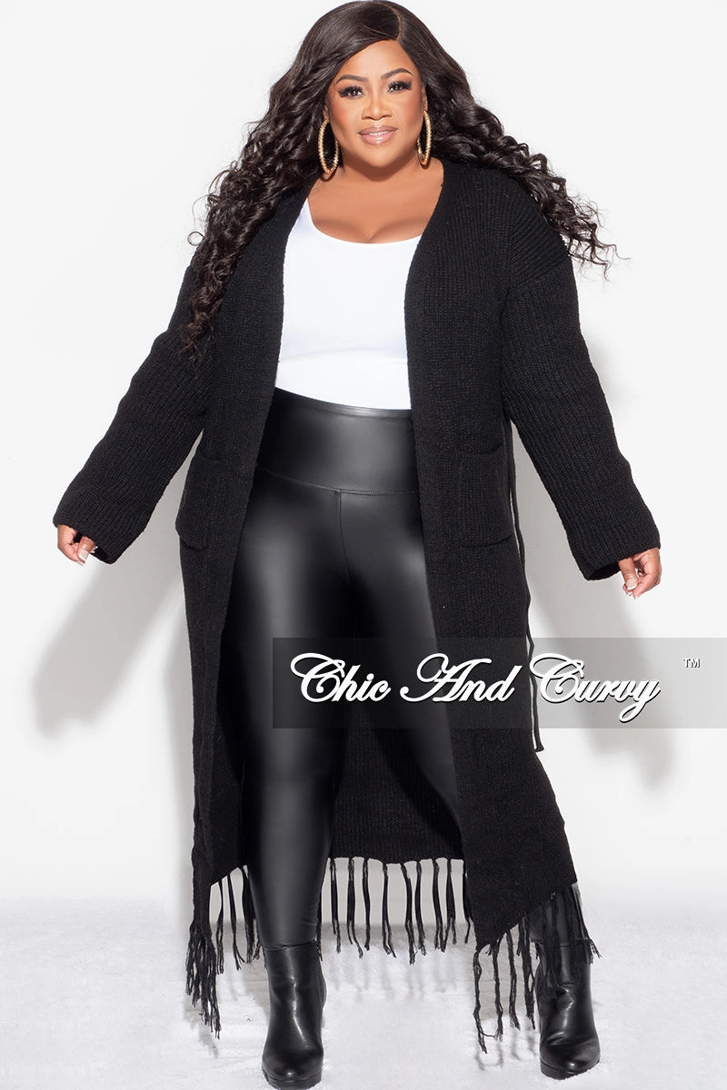Snug Waist Final Sale Plus Size Crochet Cardigan with Tie and Fringe Bottom in Black