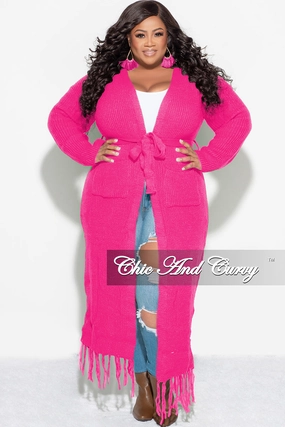 DoubleLayeredKnees Final Sale Plus Size Crochet Cardigan with Tie and Fringe Bottom in Hot Pink