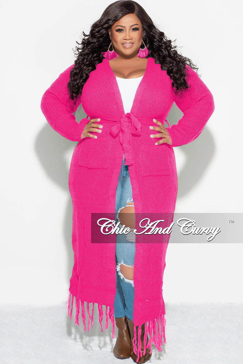 DoubleLayeredKnees Final Sale Plus Size Crochet Cardigan with Tie and Fringe Bottom in Hot Pink