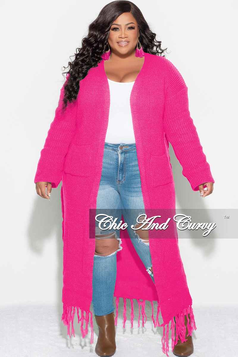 Stylish Wear FlexibleKneePanels Final Sale Plus Size Crochet Cardigan with Tie and Fringe Bottom in Hot Pink