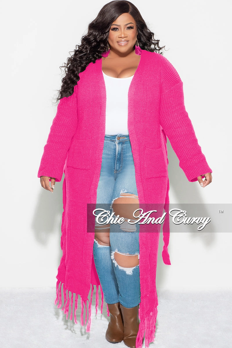 Quick Adjust Fit EcoFriendlyMaterial Final Sale Plus Size Crochet Cardigan with Tie and Fringe Bottom in Hot Pink