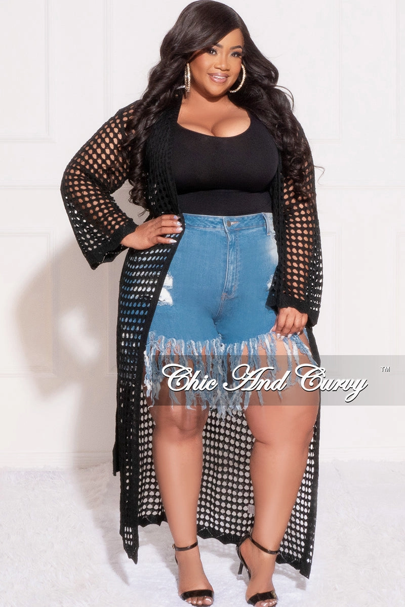 Final Sale Plus Size Crochet Cardigan with Tie in Black Abrasion Resistant Material