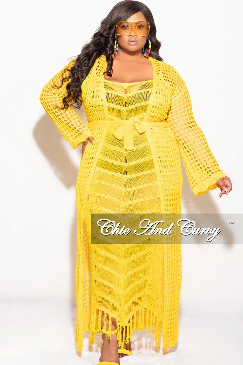 Ventilated Panels Natural Movement Final Sale Plus Size Crochet Cardigan with Tie in Yellow