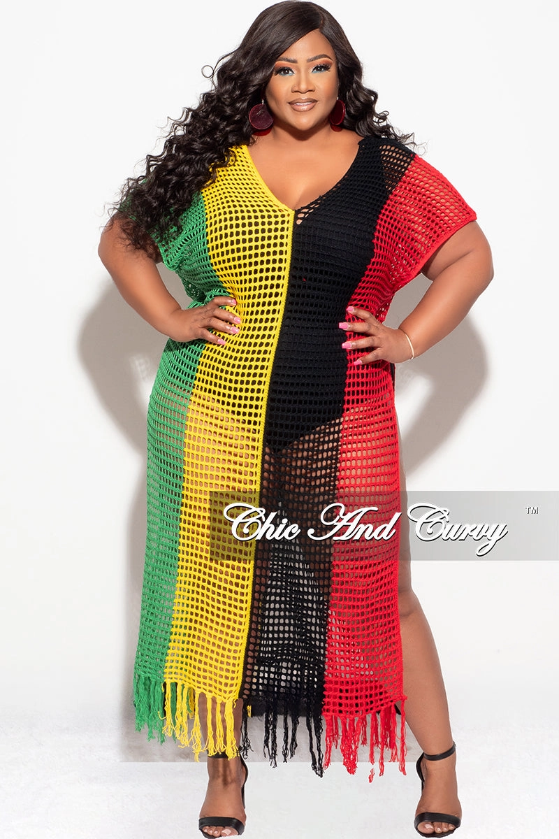 Wrinkle Free Fabric Zip-off legs Final Sale Plus Size Crochet Cover Up in Black,Green,Red,and Yellow