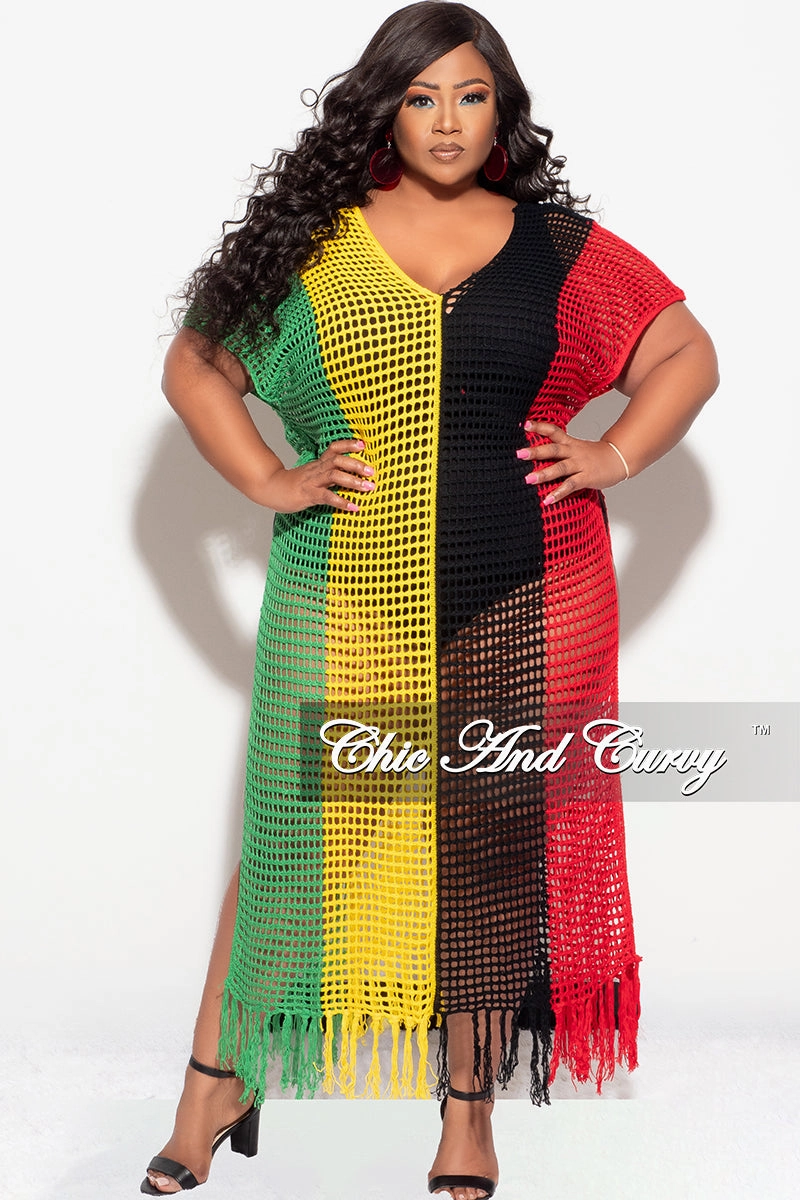 Distressed finish Adaptable Design Final Sale Plus Size Crochet Cover Up in Black,Green,Red,and Yellow