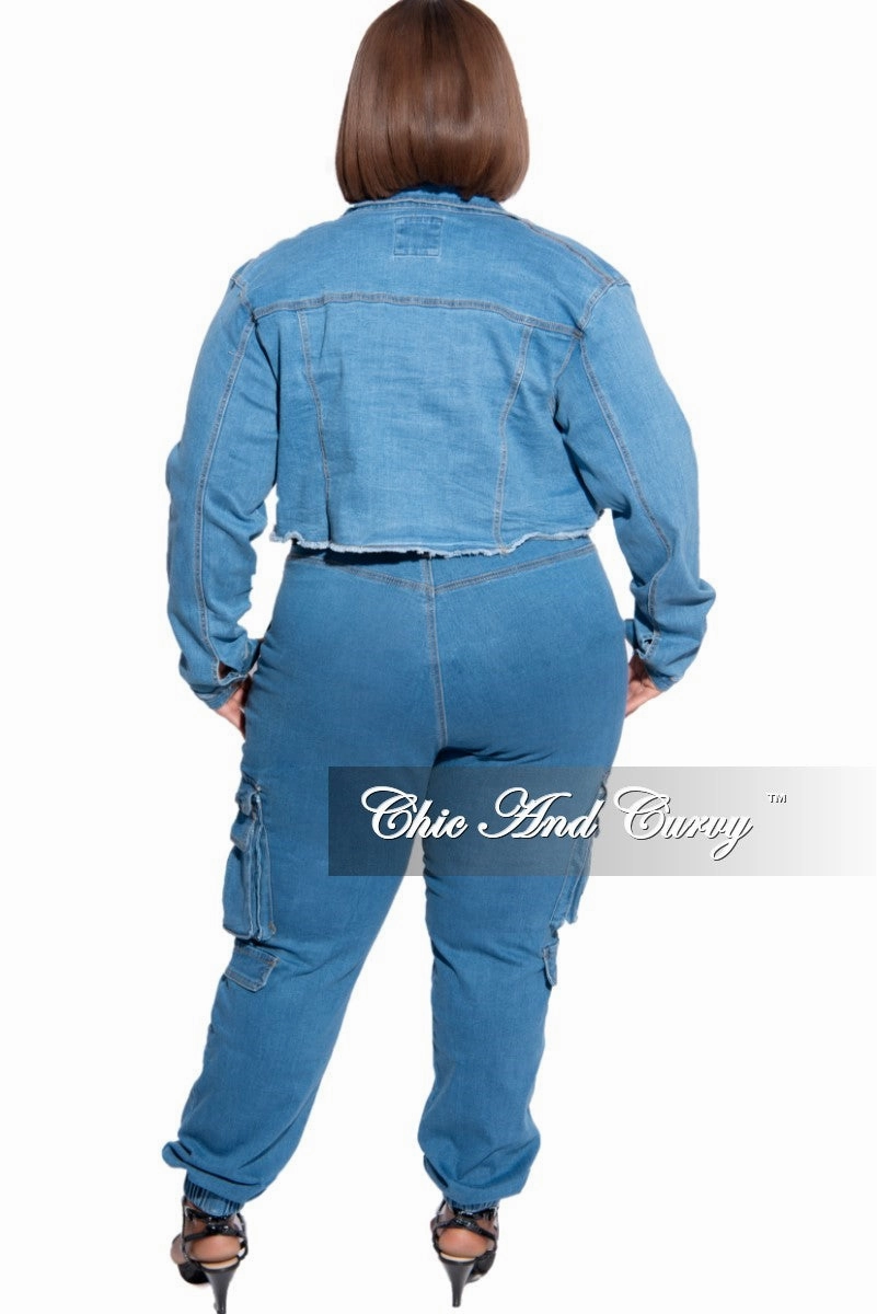 Final Sale Plus Size Crop Cargo Jacket in Denim WindResistantMaterial QuickDryTechnology