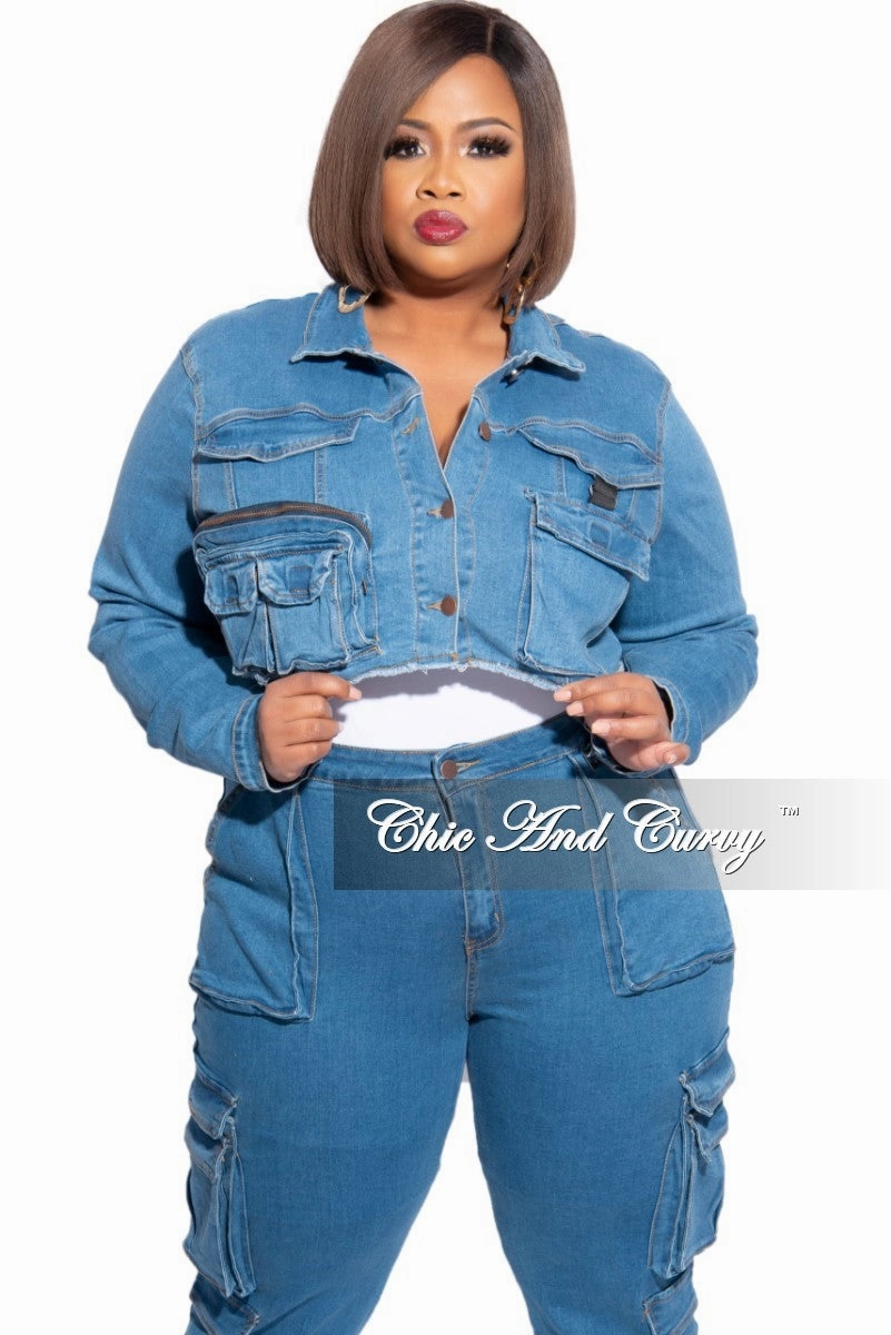 Final Sale Plus Size Crop Cargo Jacket in Denim MachineWashableFabric