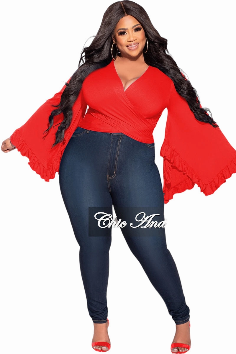 Final Sale Plus Size Crop Tie Top with Bell Sleeves in Red LightweightConstruction