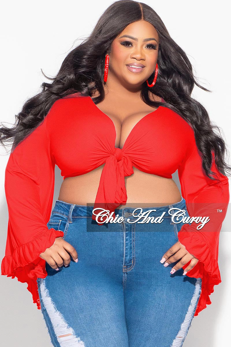 Breathable Layer Fit Final Sale Plus Size Crop Tie Top with Bell Sleeves in Red