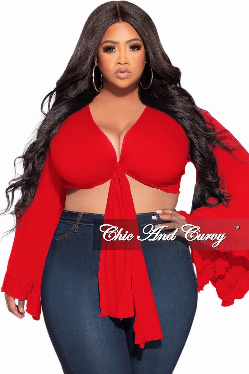 Final Sale Plus Size Crop Tie Top with Bell Sleeves in Red Chic Vibe